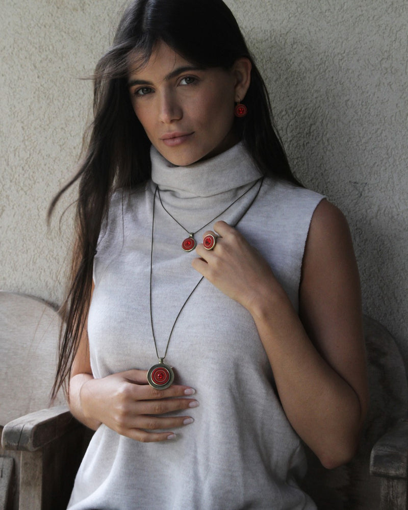 my studio long pendant - silver & red