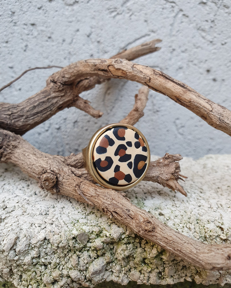 My studio L ring - brass & leopard pattern