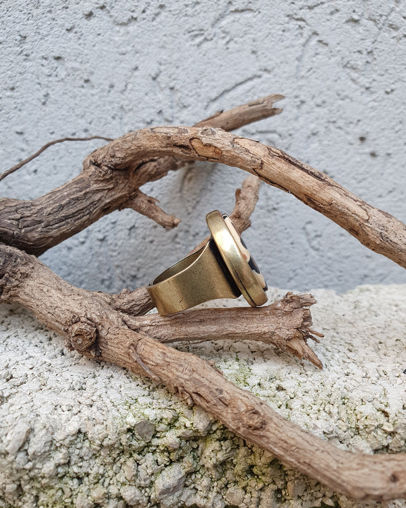 My studio L ring - brass & leopard pattern