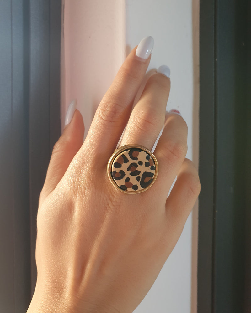 My studio L ring - brass & leopard pattern