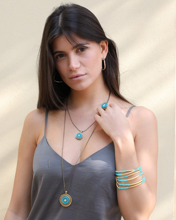 my studio long pendant - brass & turquoise
