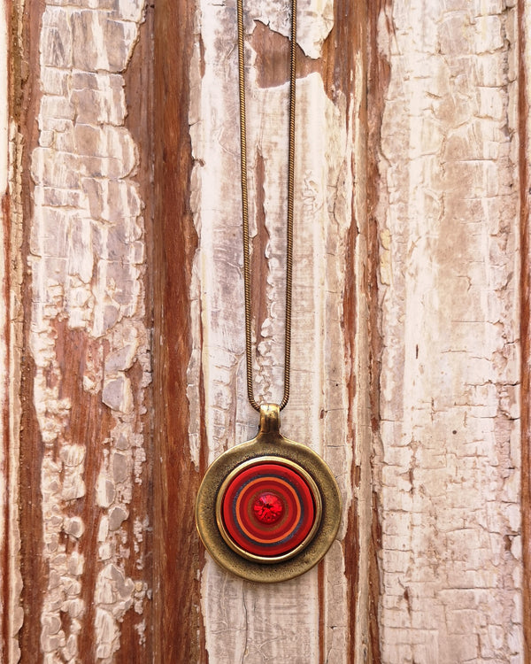 my studio long pendant - brass & red