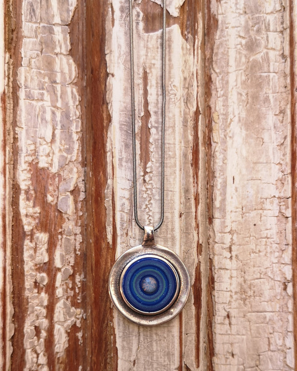 my studio long pendant - silver & blue